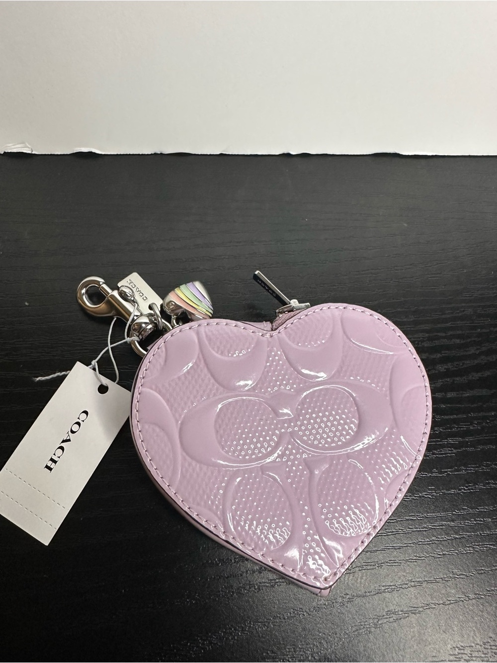 Coach Light Violet Heart Coin Case Keychain with Silver Heart Charm - Picture 2 of 4